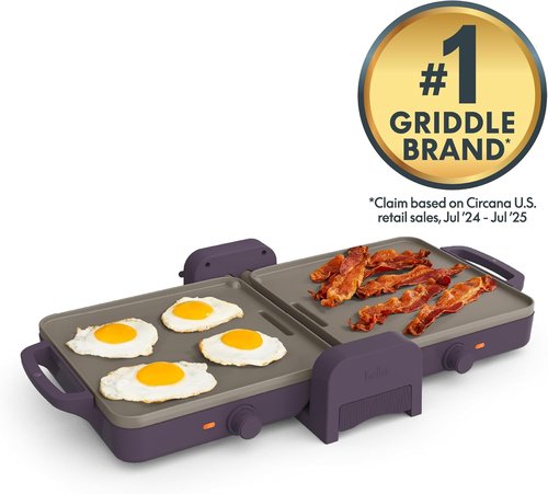 Bella Ceramic Fold-N-Store Dual Temp Griddle - Nonstick Coating, 2 Temperature Zones, 10"x20", Plum