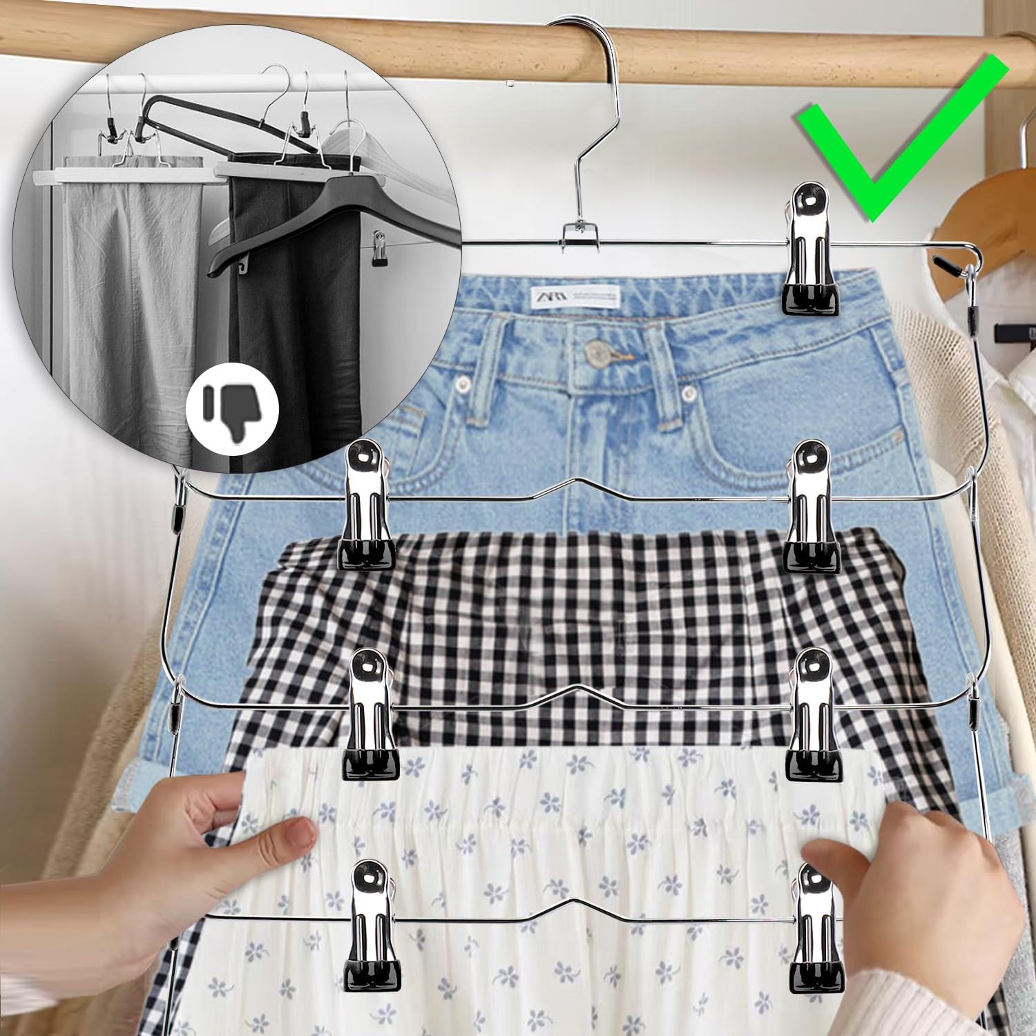 Skiennix Skirt Pants Hangers - Space-Saving Metal Clips for Organized Clothing | Black 2-Piece Set