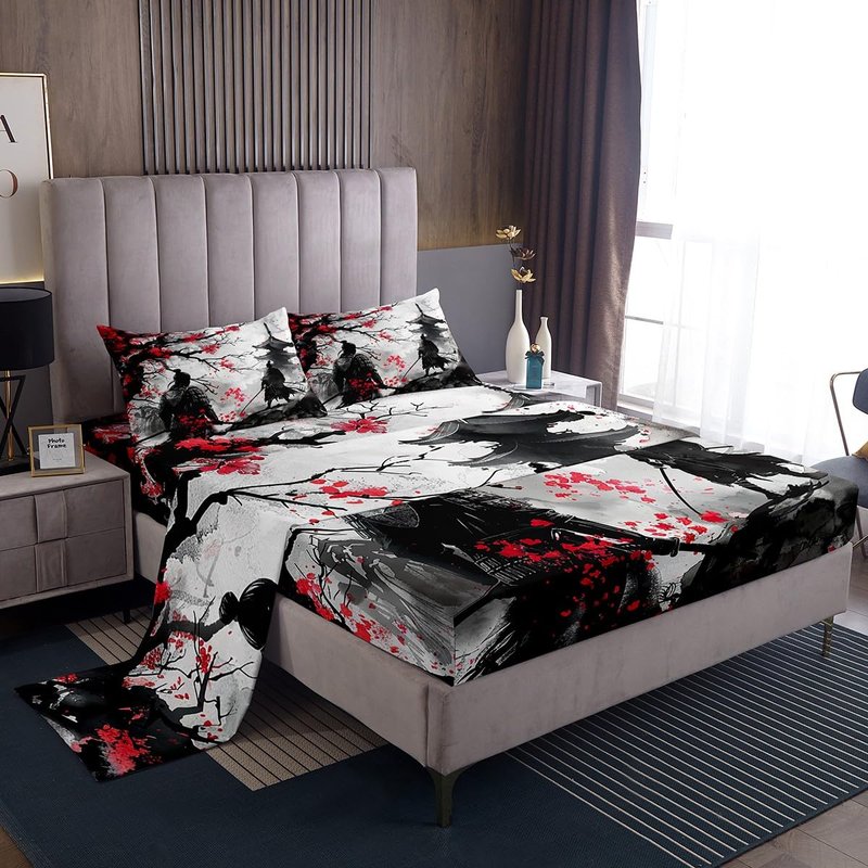 Feelyou Japanese Samurai Sheet Set King Size Kids Japanese Ukiyoe Sheets with Deep Pocket Fitted Sheet for Boys Girls Teens Cherry Blossoms Home Decor Bed Sheets Set Japanese-Style Bedding Set