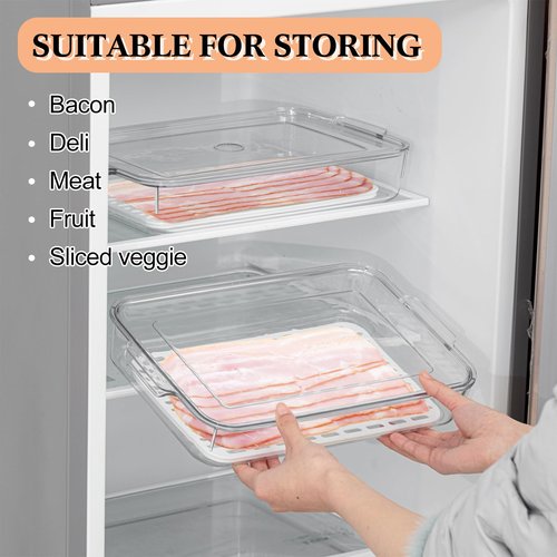FillTouch 2 Pcs Bacon Storage Container for Refrigerator with Tong, Bacon Deli Meat Storage Container with Perforated Tray for Freshness, Clear Plastic Meat Saver for Fridge Food