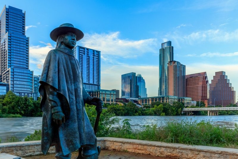 Posterazzi Statue of Stevie Ray Vaughan on the shore of Lady Bird Lake in downtown Austin Texas USA Poster Print, (24 x 36)