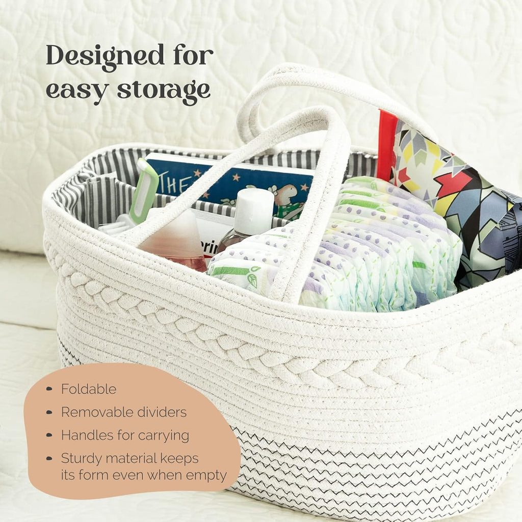 Skiennix Luxury Diaper Caddy Organizer - Large Cotton Rope Baby Basket for Nursery Storage | Off White