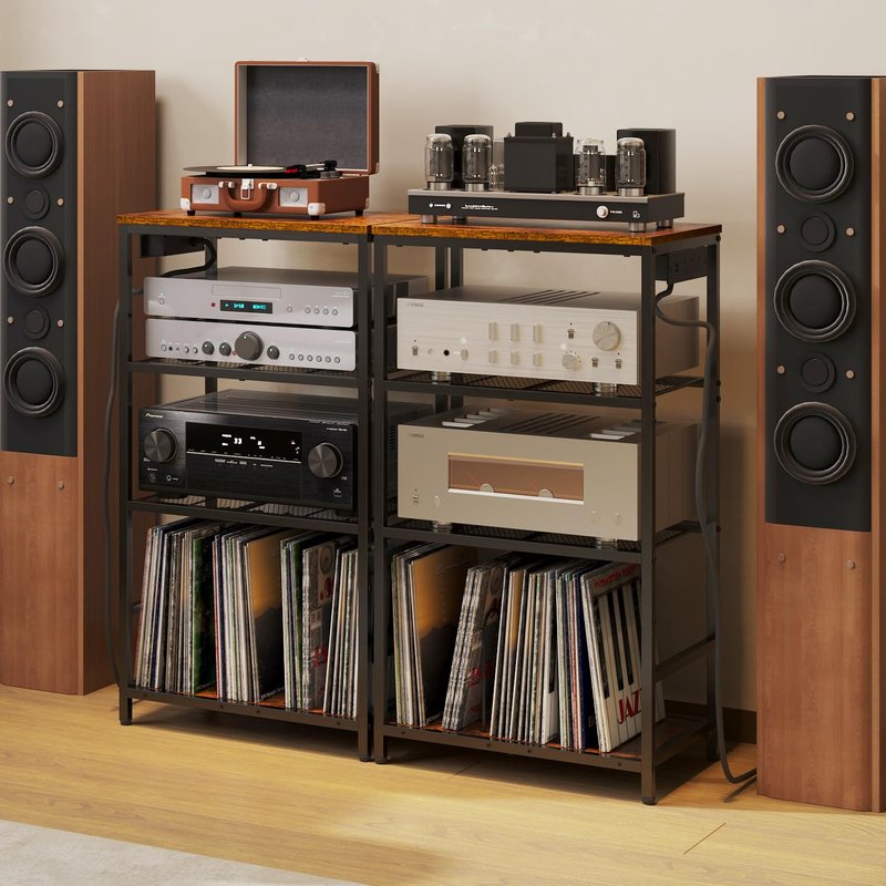 Huxitocan Record Player Stand with Storage, 4 Tier Turntable Stand with Vinyl Record Storage, Stereo Cabinet with Record Holder, Media Stand with Outlets for Entertainment Center