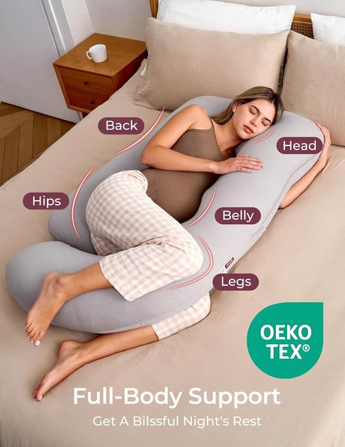 Momcozy U-Shaped Pregnancy Pillow - Full Body Support for Expecting Moms | 57-Inch Grey Jersey Cover