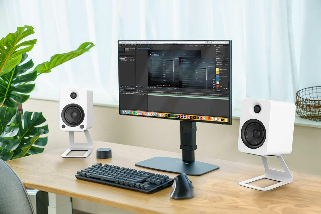 Kanto SE4 Elevated Desktop Speaker Stands for Medium Bookshelf Speakers & Mid-Size 3”-4” Studio Monitors | 5.6” Tall | Supports 9 lbs | Damping 2.0 mm Silicone Padding | ¼”-20 Mounting | Pair | White
