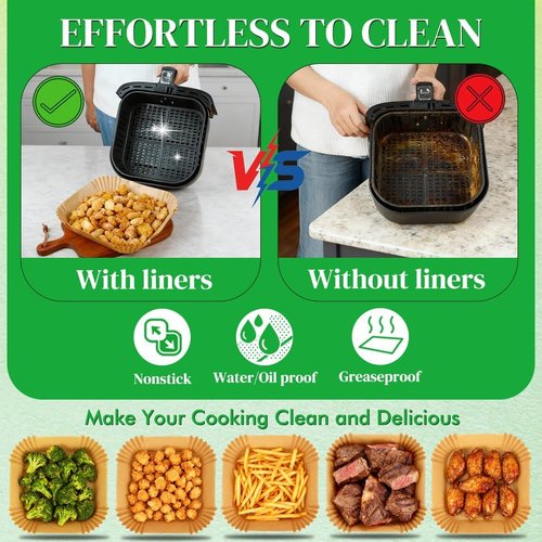BYKITCHEN 300PCS Disposable Air Fryer Paper Liners - 8in Square Parchment for 5-8QT Air Fryers | Perfect for Ninja, Cosori, Chefman