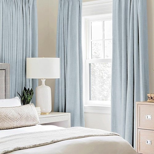 MIULEE 90-Inch Linen Textured Curtains - 100% Blackout Thermal Insulated Chambray Blue | Luxury Room Darkening Drapes (2 Panels)