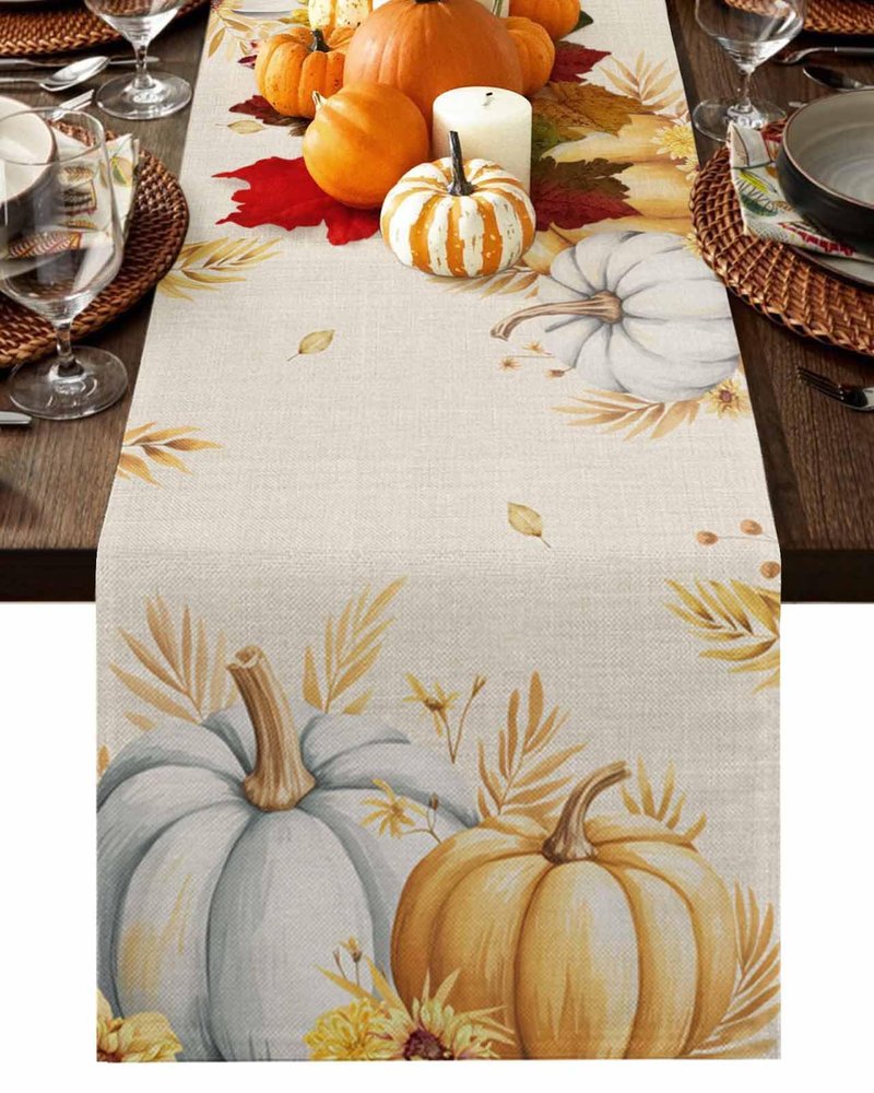 Fall Pumpkins Table Runner - 90 Inch Long, Grey Golden-yellow Pumpkin Thanksgiving Dining Table Runner Dresser Scarves, Maple Leaf Farm Harvest Decor for Coffee Table Wedding Party Banquet, 13x90 in