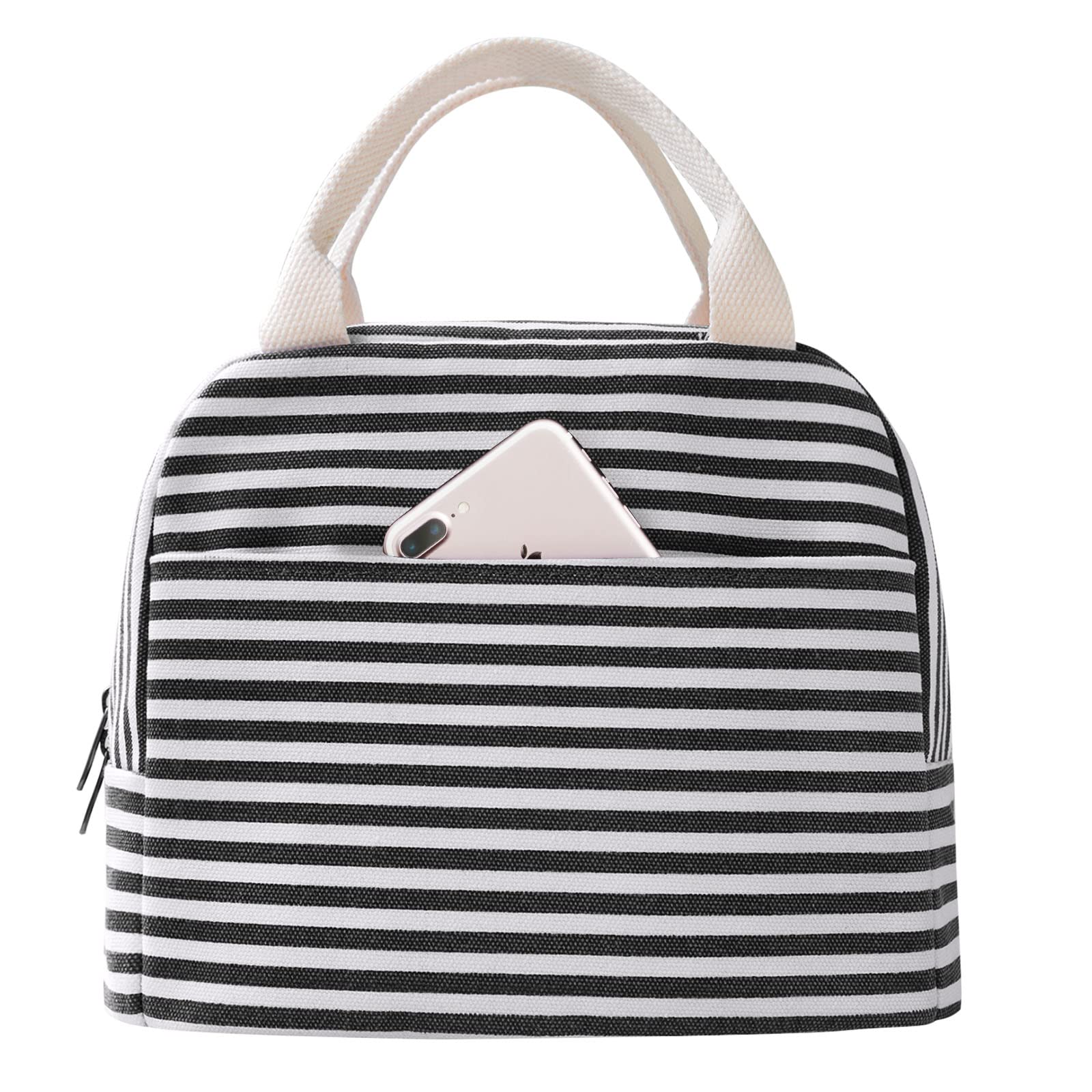 EurCross Canvas Lunch Tote Bag for Women for Work with Black and White Stripes, Reusable Insulated Meal Prep Preppy Lunch Box Bag for Daily Use, Cute Lunch Cooler Bento Boxes Bags
