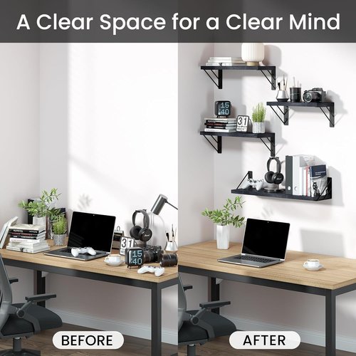 BAYKA Wall Mounted Floating Shelves - Space-Saving Wood Display & Organizer for Books | Black, Set of 4