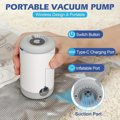 Fantictas Vacuum Storage Bags - 18 Pack Portable Compression Bags with Rechargeable Air Pump for Clothing & Bedding