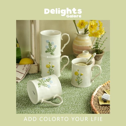DELIGHTS GALORE 2 Pack Floral Ceramic Coffee Mugs - Yellow and Blue Flowers, Hand-Painted, Microwave & Dishwasher Safe, Ideal for Cappuccino, Tea, Hot Chocolate