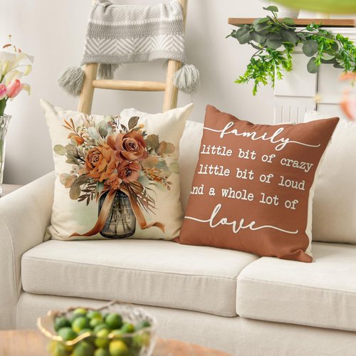 AVOIN colorlife Home Sweet Home Terracotta Sage Throw Pillow Covers, 20 x 20 Inch Seasonal Fall Eucalyptus Floral Motto Cushion Case for Sofa Couch Set of 4