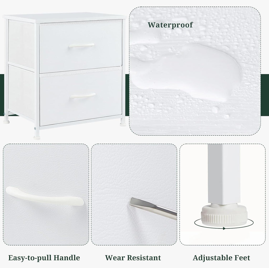 Regine Switzerland Nightstand - Small 2 Drawer Dresser with Wooden Top & Fabric Bins | White, 11.8" D x 18" W x 20" H