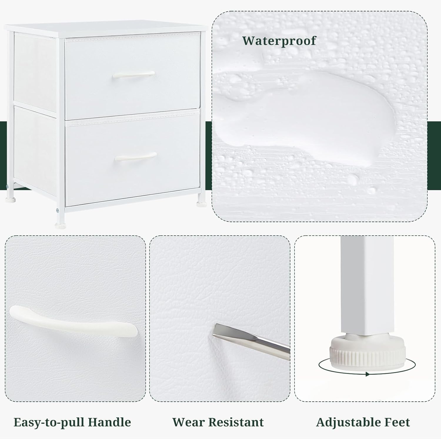 Regine Switzerland Nightstand - Small 2 Drawer Dresser with Wooden Top & Fabric Bins | White, 11.8" D x 18" W x 20" H