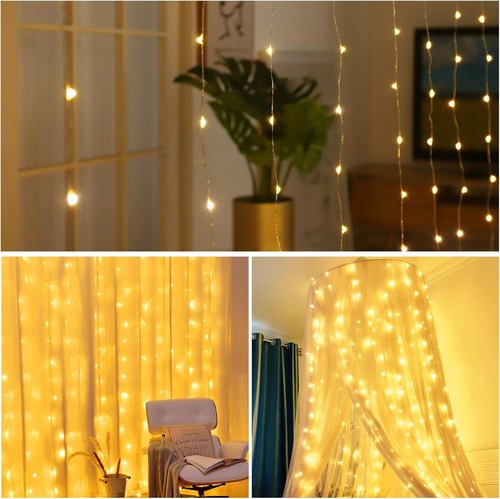 HOME LIGHTING 300 LED Window Curtain String Lights - 8 Lighting Modes, Remote Control, USB Powered | Warm White for Christmas & Weddings