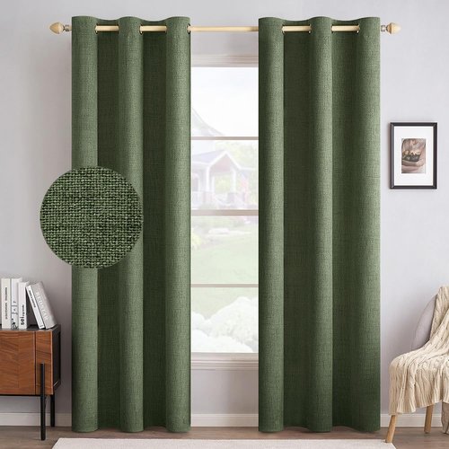 MIULEE Blackout Linen Textured Curtains - Thermal Insulated Olive Green Drapes | 42 x 84 Inch (2 Panels)