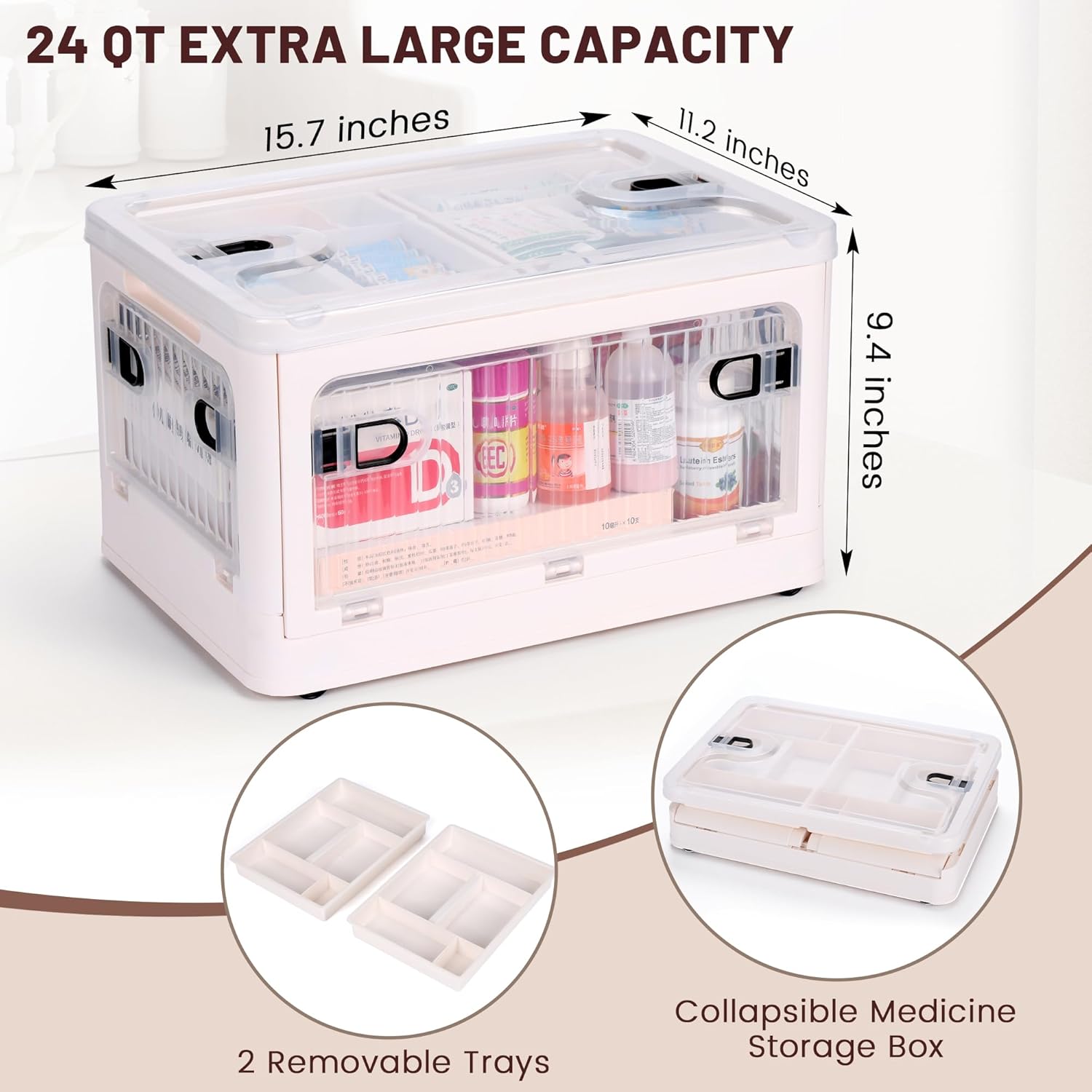 Skiennix 24 QT Medicine Organizer - Extra Large Collapsible First Aid Box with Removable Tray & Wheels