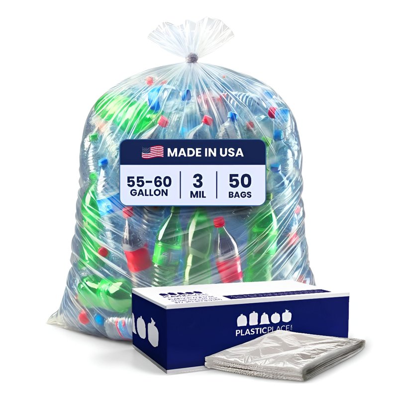 Plasticplace Contractor Trash Bags 55-60 Gallon, Heavy Duty Garbage Bags, 3.0 Mil Clear Trash Bags, Tear-Resistant Large Trash Can Liners for Construction, Recycling & Home Improvement (50 Count)