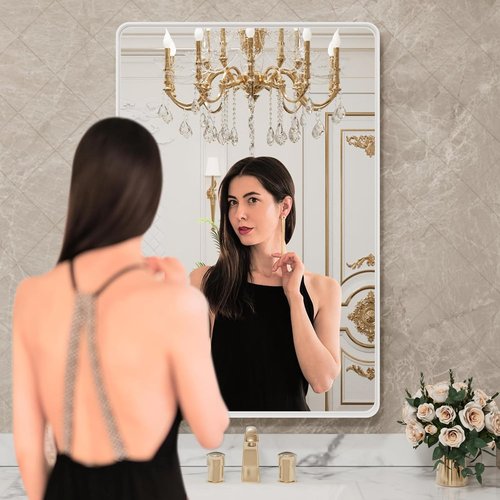 LOAAO White Metal Framed Bathroom Mirror - Large Rounded Rectangle | Anti-Rust Tempered Glass, 32x36 Inch