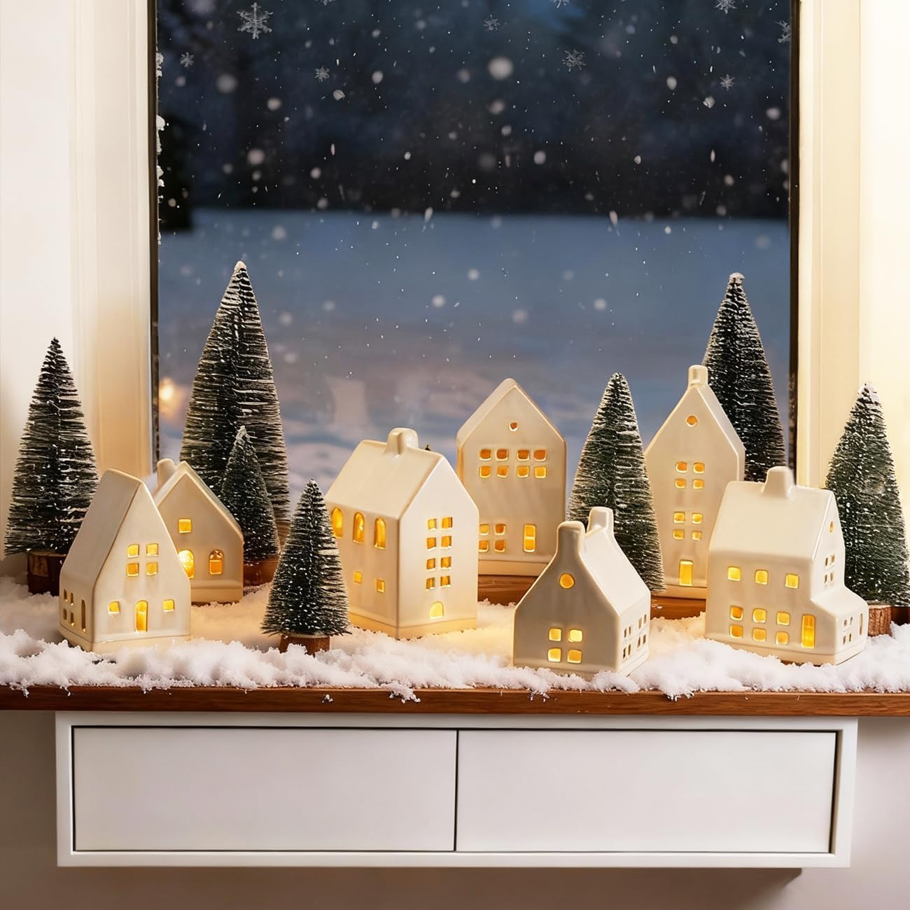 Skiennix Christmas Village Set - 7 White Ceramic Houses with LED Tea Lights & Mini Trees | Festive Indoor Decor for Fireplace & Tabletop