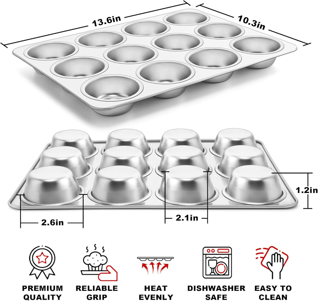 TeamFar 12-Cup Muffin Pan - Stainless Steel Non-Toxic Baking Tin | Easy Clean & Dishwasher Safe