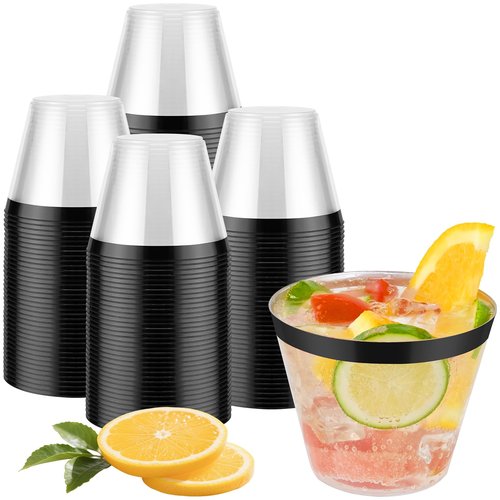 pyntop 100pcs Black and Clear Plastic Cups, 9oz Plastic Cups Black Rimmed Disposable Cocktail Glasses Fancy Disposable Cup Drinking Tumblers Shot Cup for Wedding Party