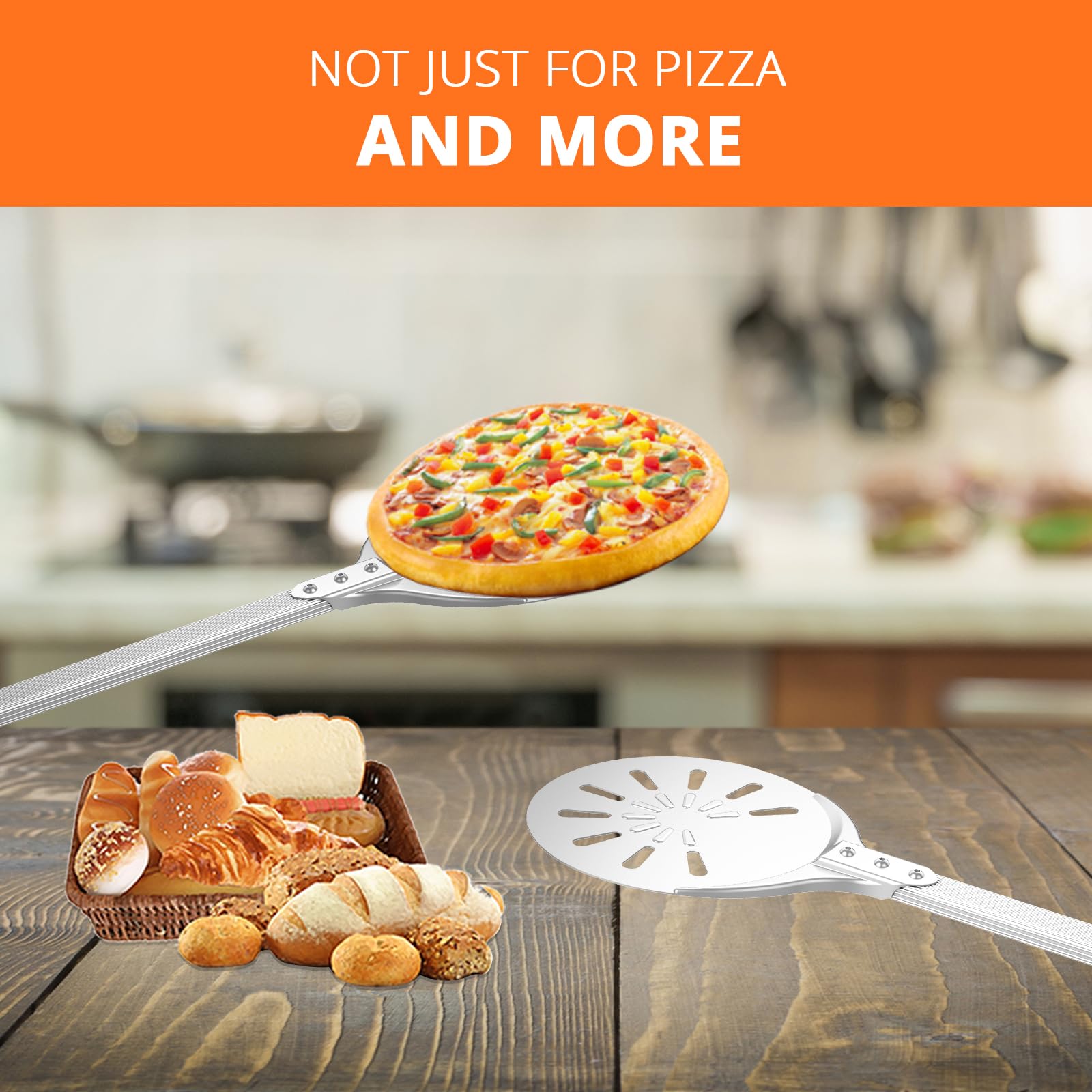 Pizza Turning Peel, 8-inch Pizza Peel Turner Spinner, Long Handle Perforated Aluminum Pizza Peel with Silicone Hook, Pizza Oven Accessories