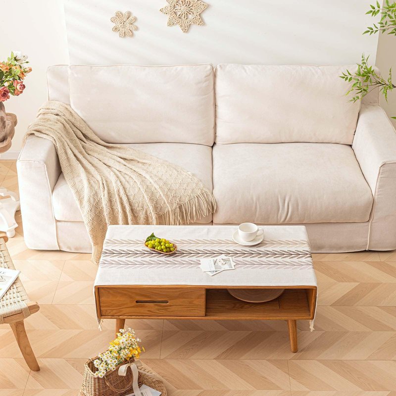SIELUNO Waterproof Coffee Table Cloth, Coffee Table Covers for Living Room Rectangle Cotton Linen Tablecloth with Tassel Decoration-Beige Leaf- 20" x 60"