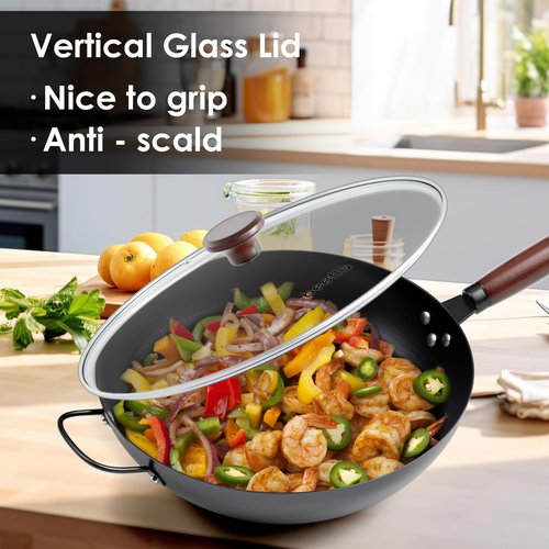 BEETLA Steel Wok Pan, 11.8-inch/12.6-inch/13.4-inch Stir Fry Pans Chinese Wok Flat bottom Iron wok for Induction, Electric, Gas, Halogen All Stoves Ideal for Stovetop Cooking (12.6-inch)