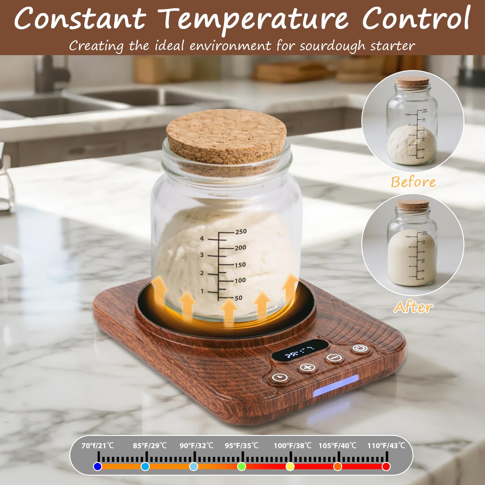 Upgrade Sourdough Starter Warmer (70-110°F)，Precise Thermostat Control Sourdough Warming Mat for KitchenAuto On/Off, 0-24 Hours Timer,with Thermostat Control, Timing, Memory Function (Wood Grain)