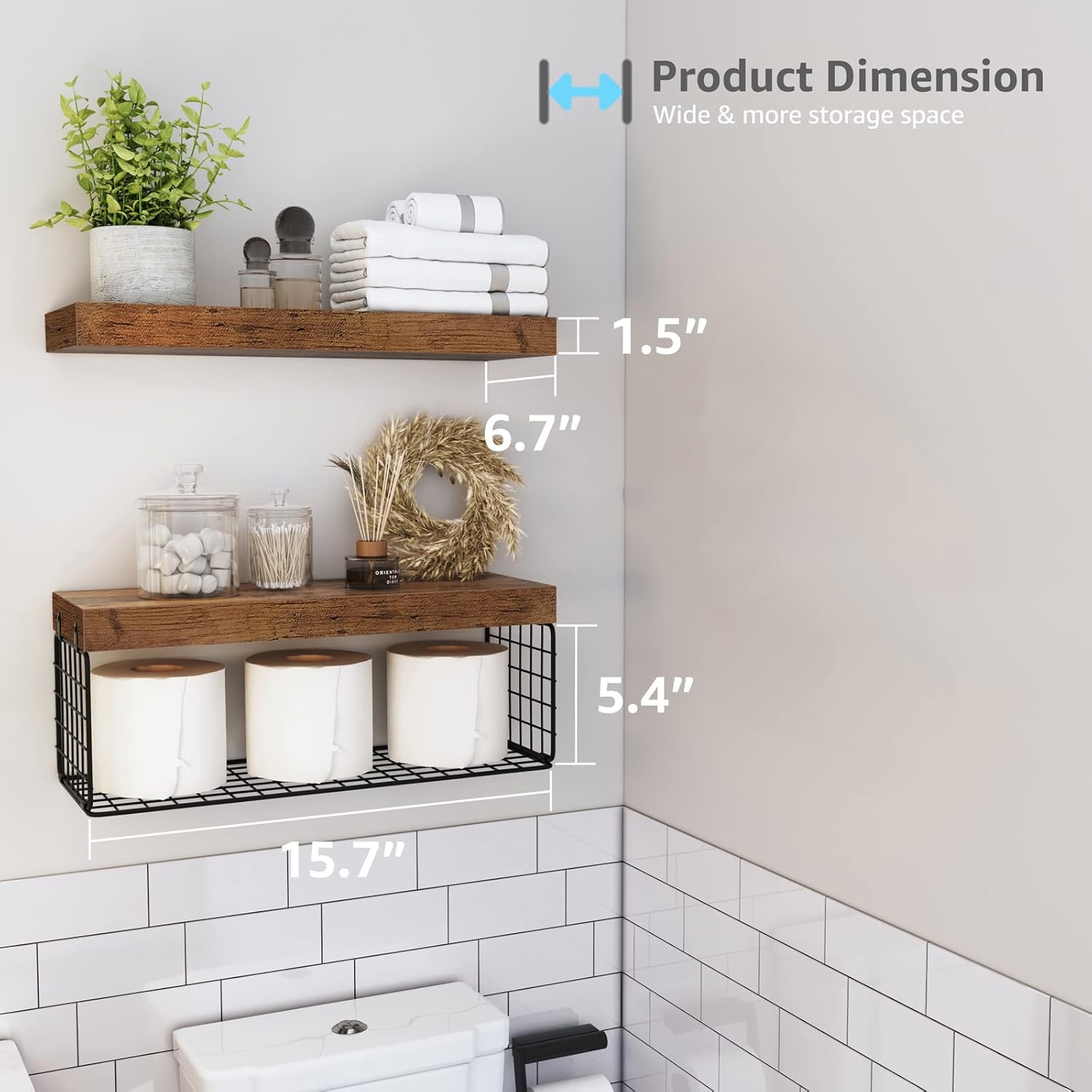 QEEIG Bathroom Shelves Over Toilet - Rustic Brown Wall-Mounted Floating Shelves | Set of 2, 16 Inch Storage Solution