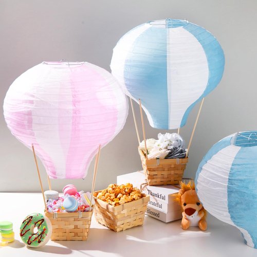 Meooeck 8 Sets Hot Air Balloons Baby Shower Table Decorations Centerpieces 11.8'' Paper Lanterns with Baskets Sticks for Gender Reveal Birthday Wedding Graduation Party (Pink)