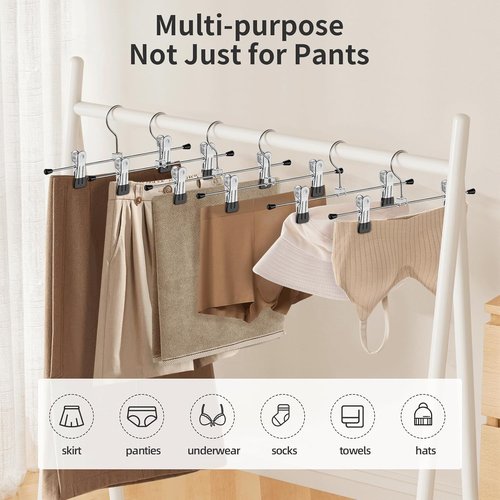 IEOKE Pants Hangers - 12-Pack Adjustable Metal Skirt Hangers with Clips for Dresses & Jeans | Black