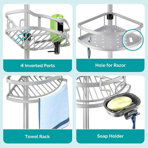 HAMITOR Corner Shower Caddy Tension Pole - Rustproof 4-Tier Bathroom Organizer for Shampoo Storage | Adjustable 47-121 Inch Silver Gray