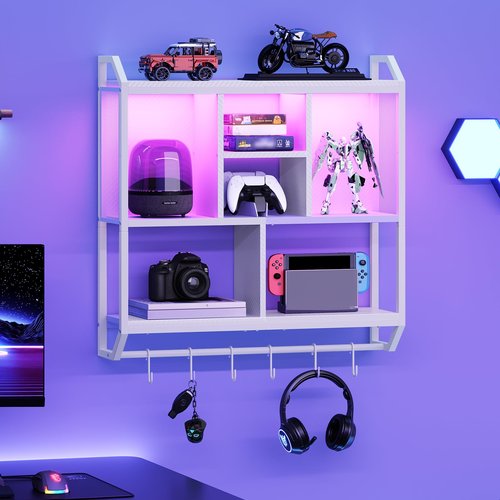 HOOBRO Gaming Floating Shelves with LED Lights, 28.7" LED Wall Mounted Shelf, 3-Tier Display Rack for Wall Storage, Floating Rack with Hanging Rod and 6 S-Hooks, for Gaming Room, White WT70DBJ01