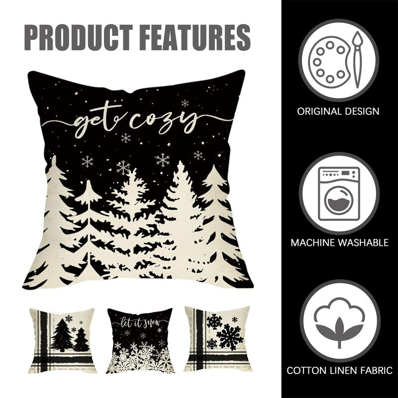 Fahrendom Winter Snowflake Decorative Throw Pillow Covers 18x18 Set of 4, Let It Snow Christmas Pine Tree Black Outdoor Pillowcase, Get Cozy Seasonal Holiday Farmhouse Cushion Case Home Decor