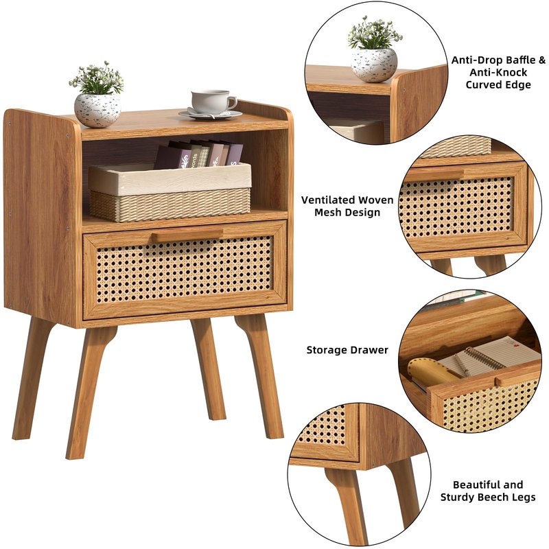 Lerliuo Rattan Nightstand, Side Table with Drawer Open Shelf, Cane Accent Bedside End Table with Solid Wood Legs, Mid Century Modern Night Stand for Bedroom, Dorm and Small Spaces (Tea Brown)