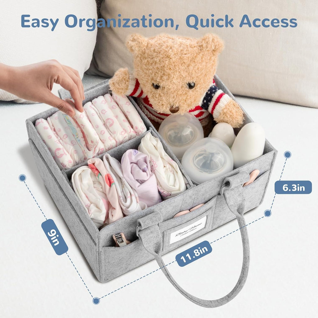 Skiennix Diaper Caddy Organizer - Collapsible Baby Basket with Handle & Photo Frame | Grey, 11.8 x 6.3 x 9.0 Inch