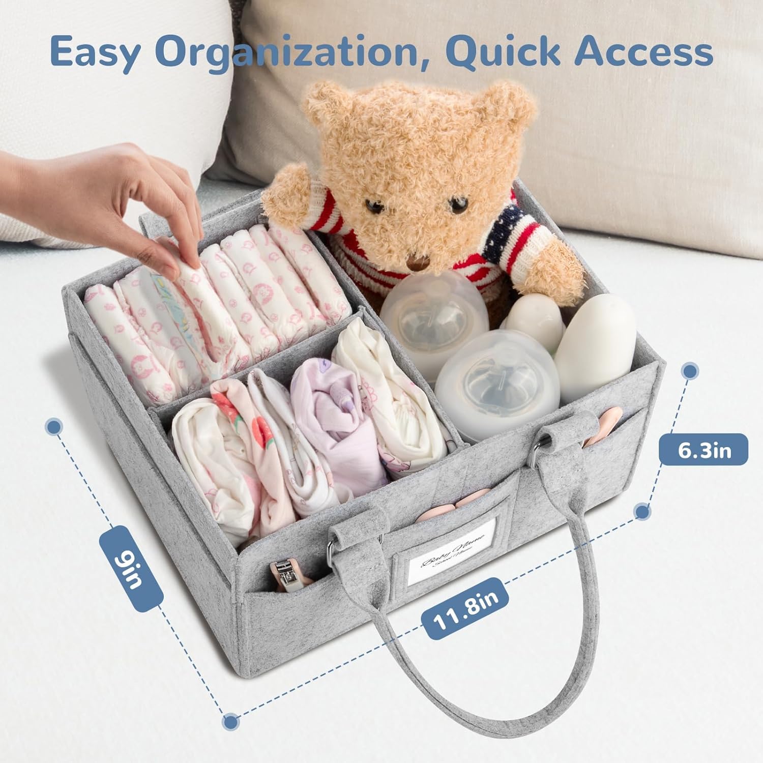 Skiennix Diaper Caddy Organizer - Collapsible Baby Basket with Handle & Photo Frame | Grey, 11.8 x 6.3 x 9.0 Inch