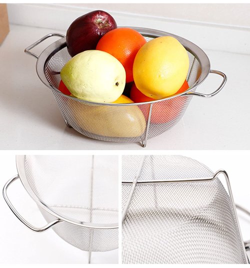 AJIODA Stainless Steel Mesh Colander Strainer Basket, 2.5 Quart Fine Mesh Net Colander with Heavy Duty Handles & Wide Rim & Resting Feet for Strain, Drain, Rinse, Fry, Steam or Cook Vegetables & Pasta