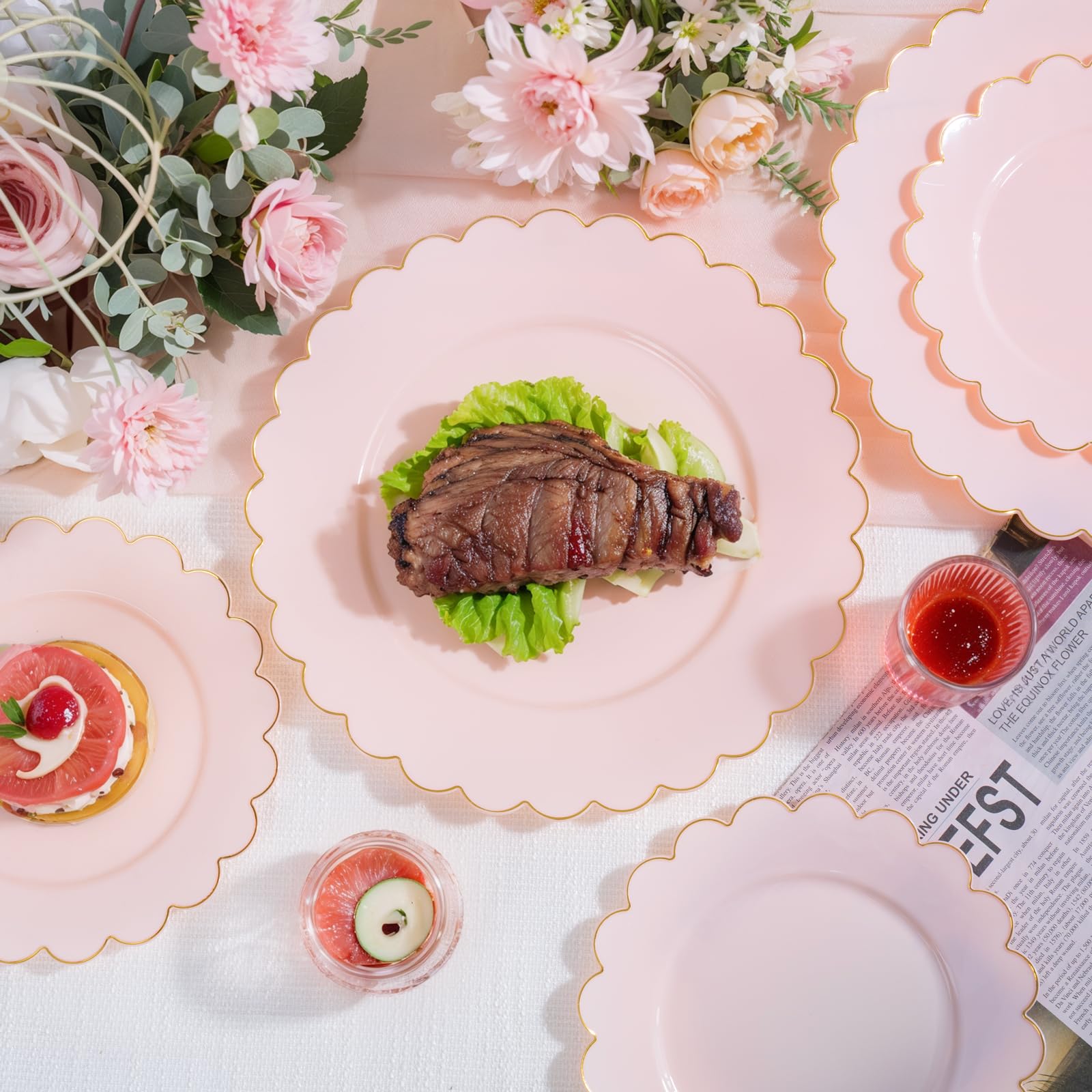 LIYH 120 Pcs Pink Plastic Plates Disposable Set Includes 60 Dinner Plate 10.25" & 60 Dessert Plate 7.5" with Elegant Gold Rim for Party Birthday Baby Shower Easter