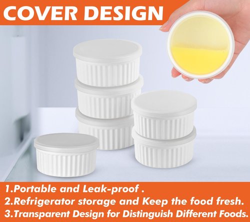 Koluti 6-Pack Nonstick Silicone 4oz Ramekins with Lids, Oven Safe Creme Brulee Baking Small Bowls, Souffle Ice Cream Pudding Dessert Dipping Sauce Cups, BPA Free, Microwave & Freezer & Dishwasher Safe