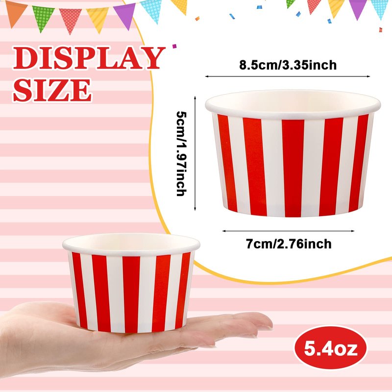 Potchen 200 Pcs Paper Ice Cream Cups 5.5 Ounce Red White Striped Disposable Sundae Bowls Yogurt Dessert Soup Cups for Hot Soup Snack Treat Carnival Theme Party Decorations