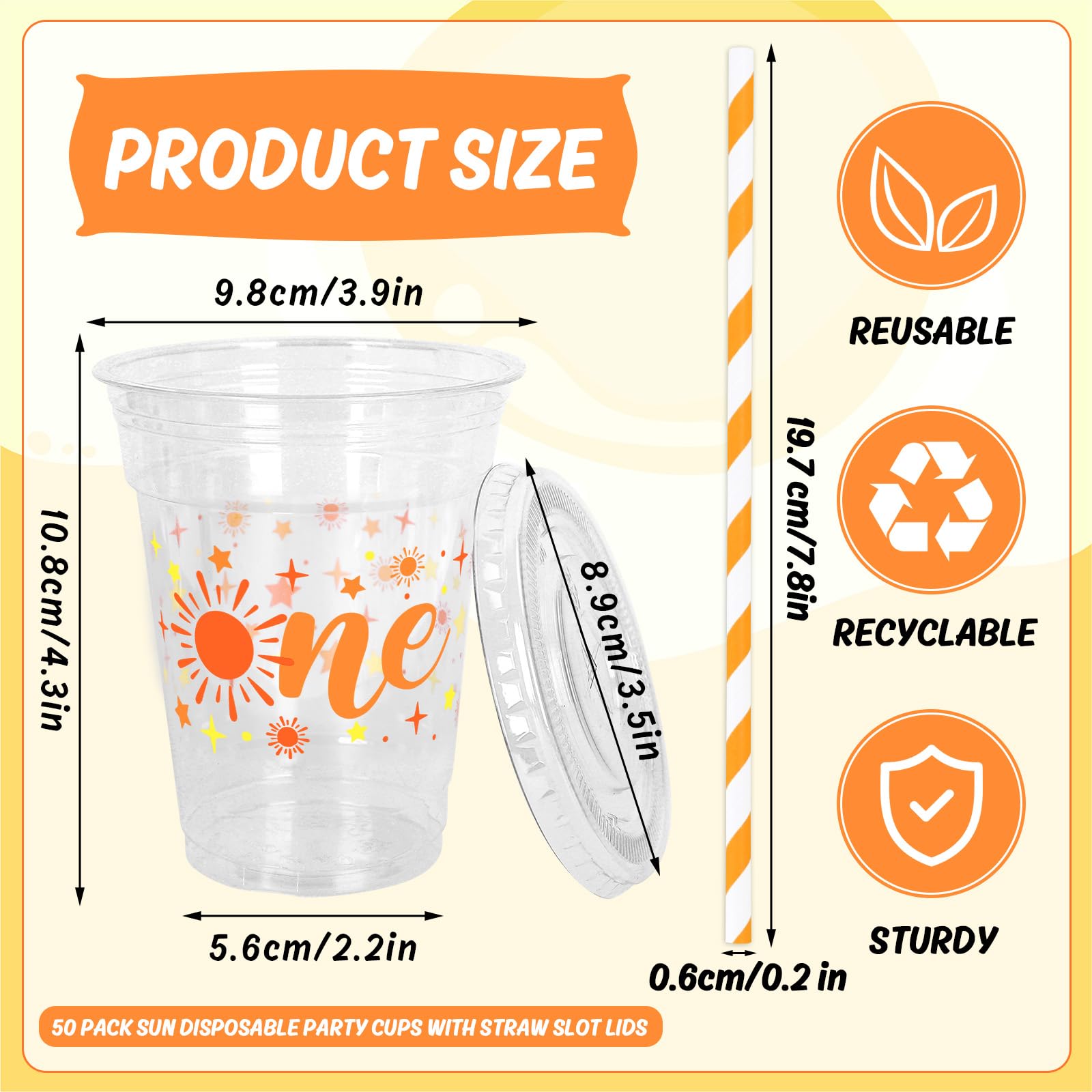Whaline 50Pcs One Sun Disposable Plastic Cups with Lids and Straws 12 oz Boho Sunshine Party Cups Cold Beverage Drinking Cups for First Birthday Baby Shower Party Supplies