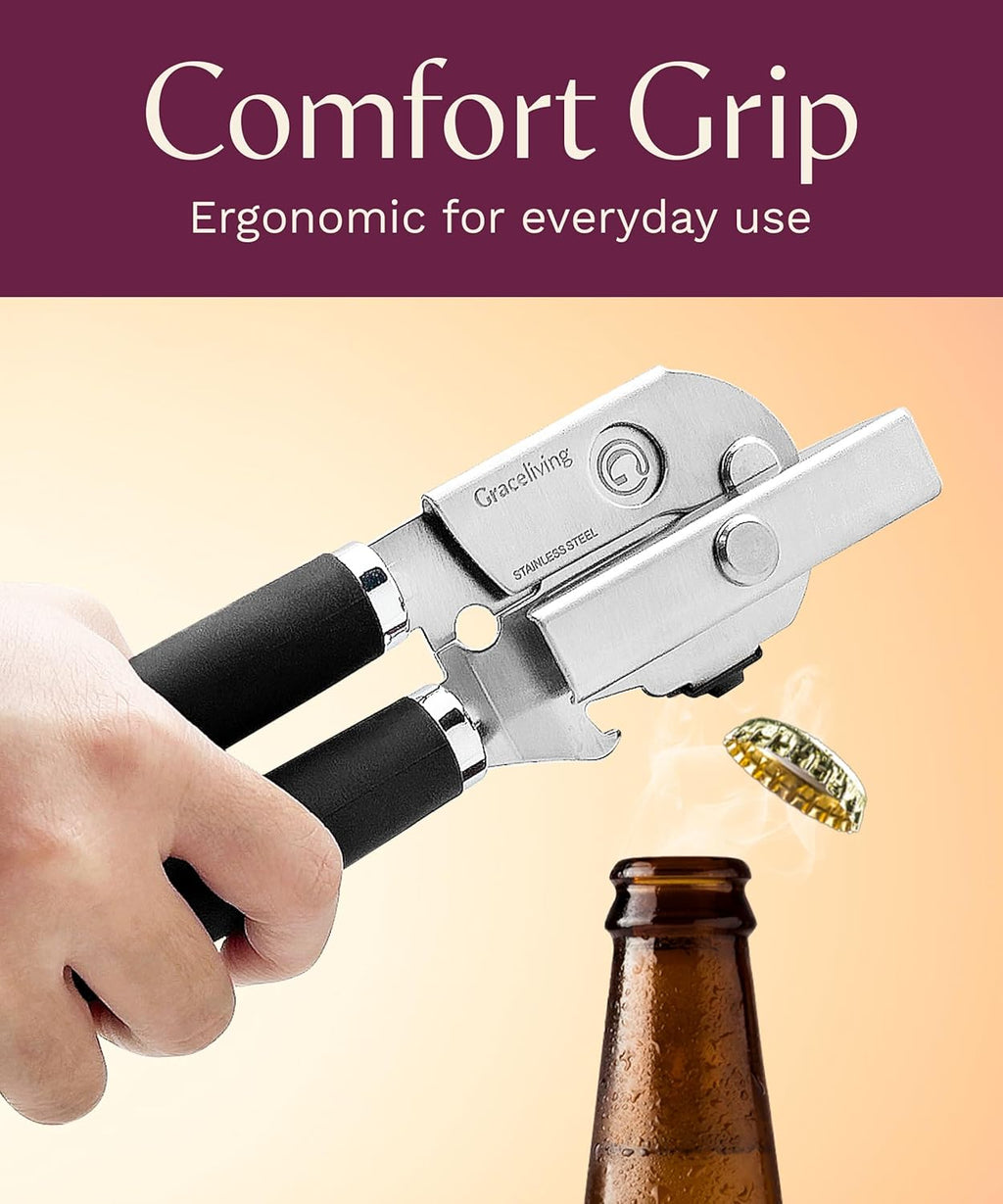 Skiennix Premium Multifunction Magnetic Can Opener - Heavy Duty Stainless Steel with Easy Turn Knob | Black