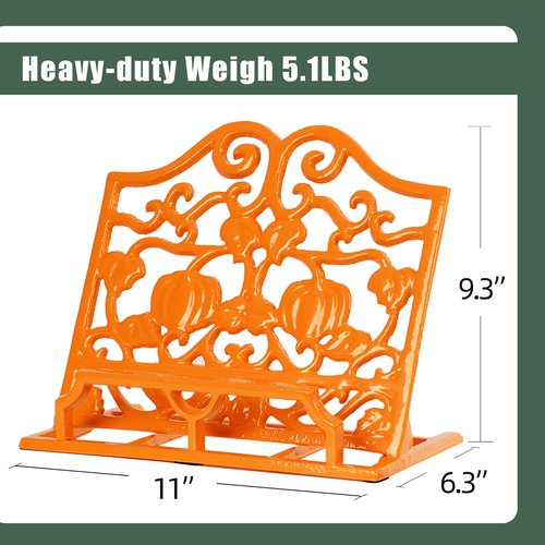 MINLUFUL Vintage Cookbook Stand, Robust Wrought Cast Iron Recipe Book Holder for Kitchen Counter, Large Metal Cook Book Stand with Pumpkin Design, Orange