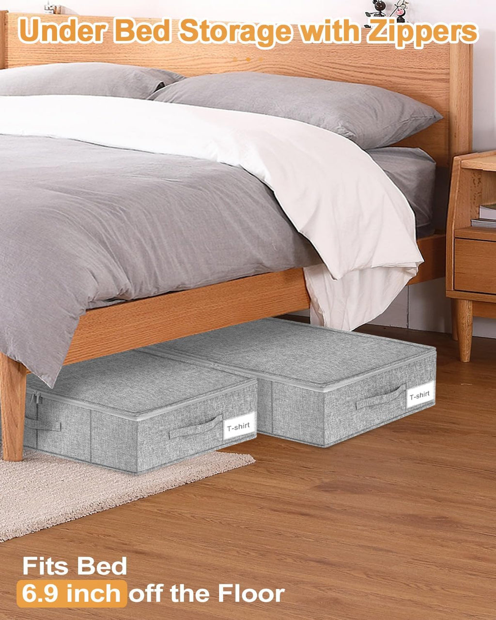 Under Bed Storage | 2-Pack Foldable Container Bags with Lid - Sturdy Clothes Organizer, 30x15x6.7 Inch, Grey