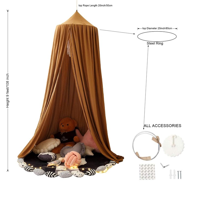 KingKara Crib Bed Canopy for Kids Girls, Round Dome Netting Mosquito Net Canopy Bed Curtain for Play Room Baby Bed Indoor Outdoor Princess Castle Hanging House Decoration (Coffee)