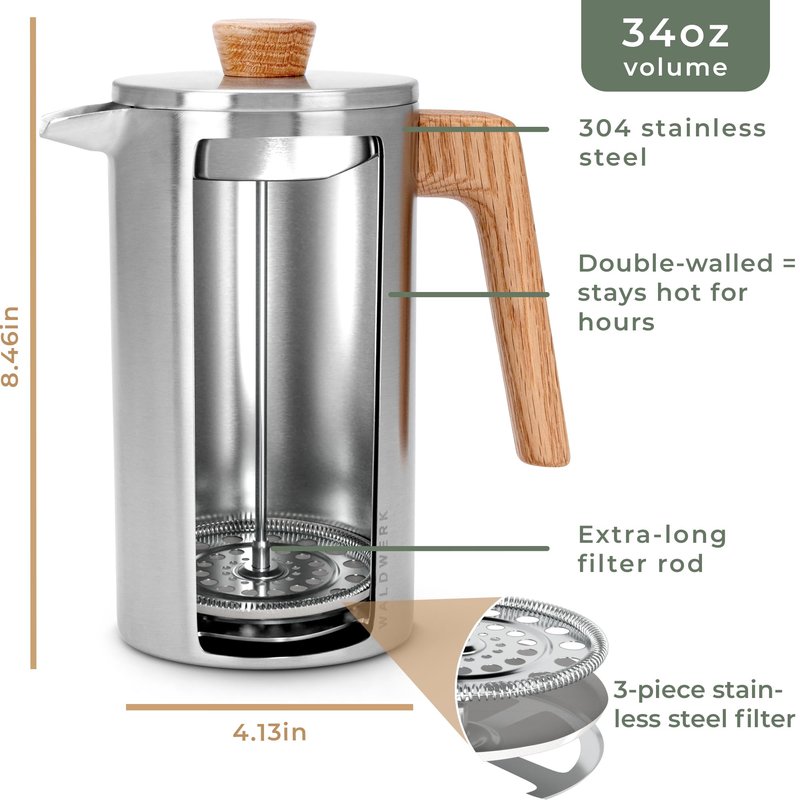 WALDWERK French Press (34 oz) - Stainless Steel Double Wall French Press Coffee Maker - Plastic Free Coffee Press with Oak Wood Handle - Insulated Stainless Steel Coffee Maker